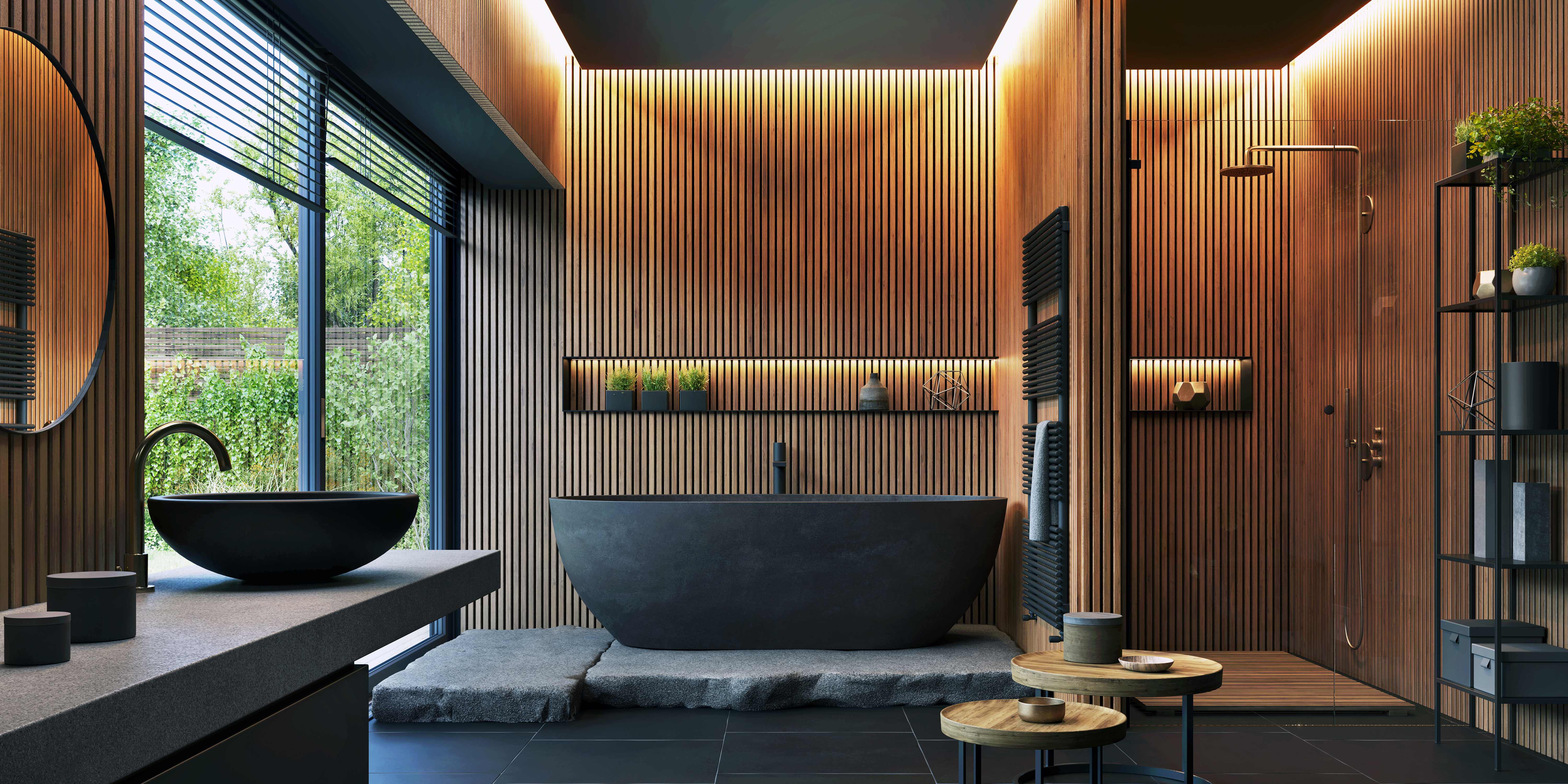 Moderne Badsanierung in Berlin – Badezimmer mit freistehender Wanne, Holzwand und Walk-in-Dusche